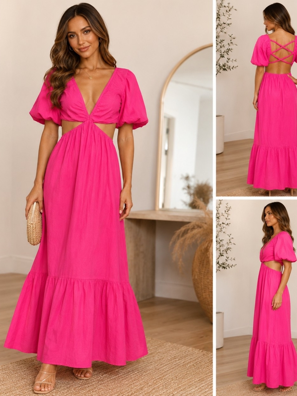 Zara Fuchsia Cutout Maxi Dress with Puff Sleeves Size XS  NWOT